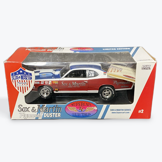 [LIMITED EDITION] 1/18 Scale 1970 Plymouth Duster Sox & Martin Pro Stock/Sox & Martin Series #2 White/Red/Blue/Race Graphics - Ertl Collectible