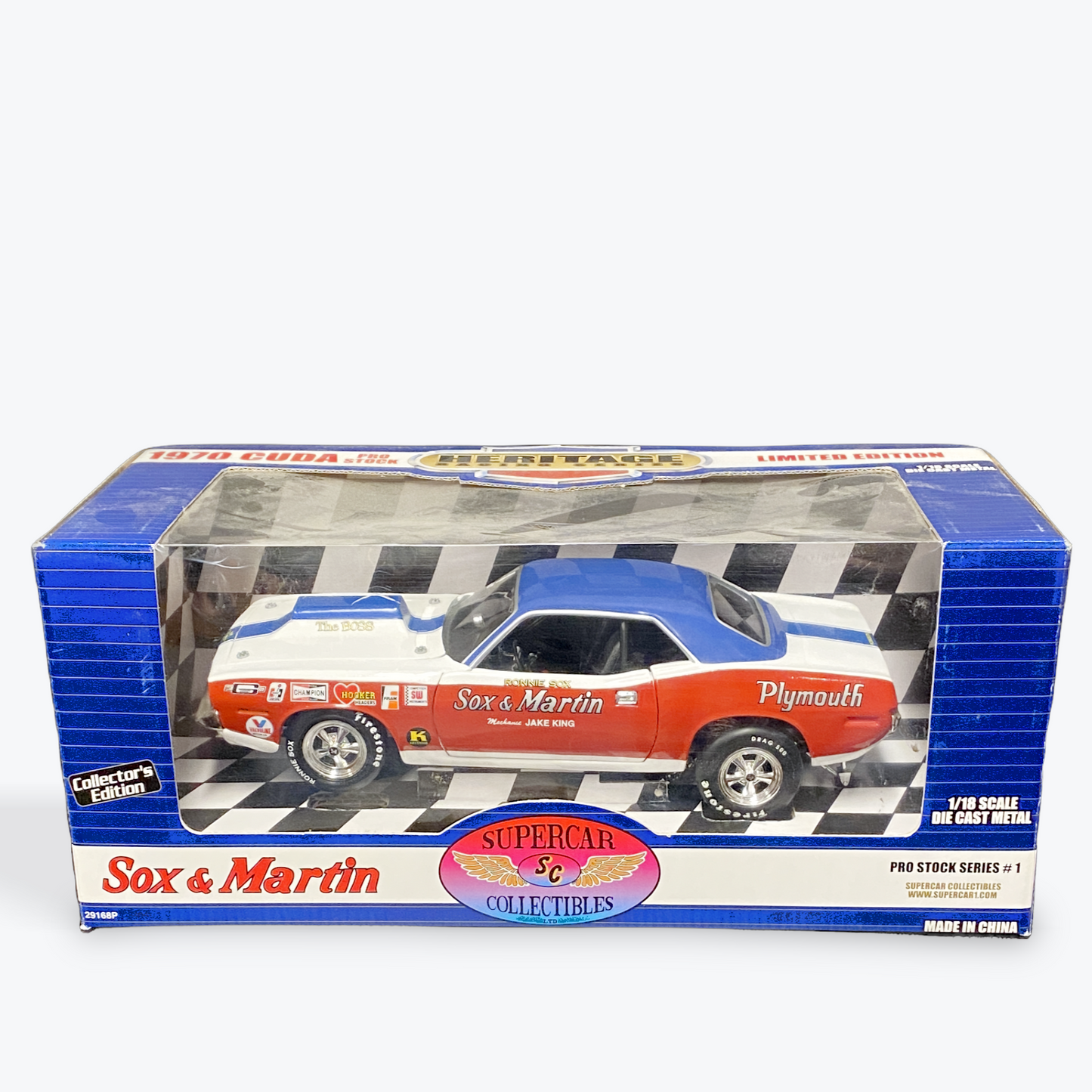 [ULTRA RARE] [LIMITED EDITION] 1970 Plymouth Cuda Sox & Martin Pro Stock/Pro Stock Series - White/Red/Blue/Race Graphics - Ertl Collectibles