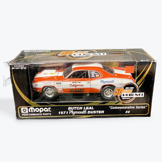 [LIMITED EDITION] 1/18 Scale 1971 Plymouth Duster Butch Leal California Flash Pro Stock Orange/White/Race Graphics - Ertl Collectibles