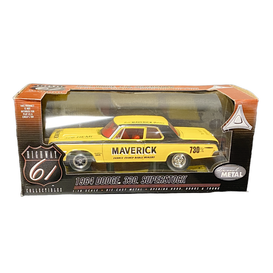1/18 Scale 1964 Dodge 330 Sedan	Bill "Maverick" Golden Yellow/black/race graphics	 - Highway 61
