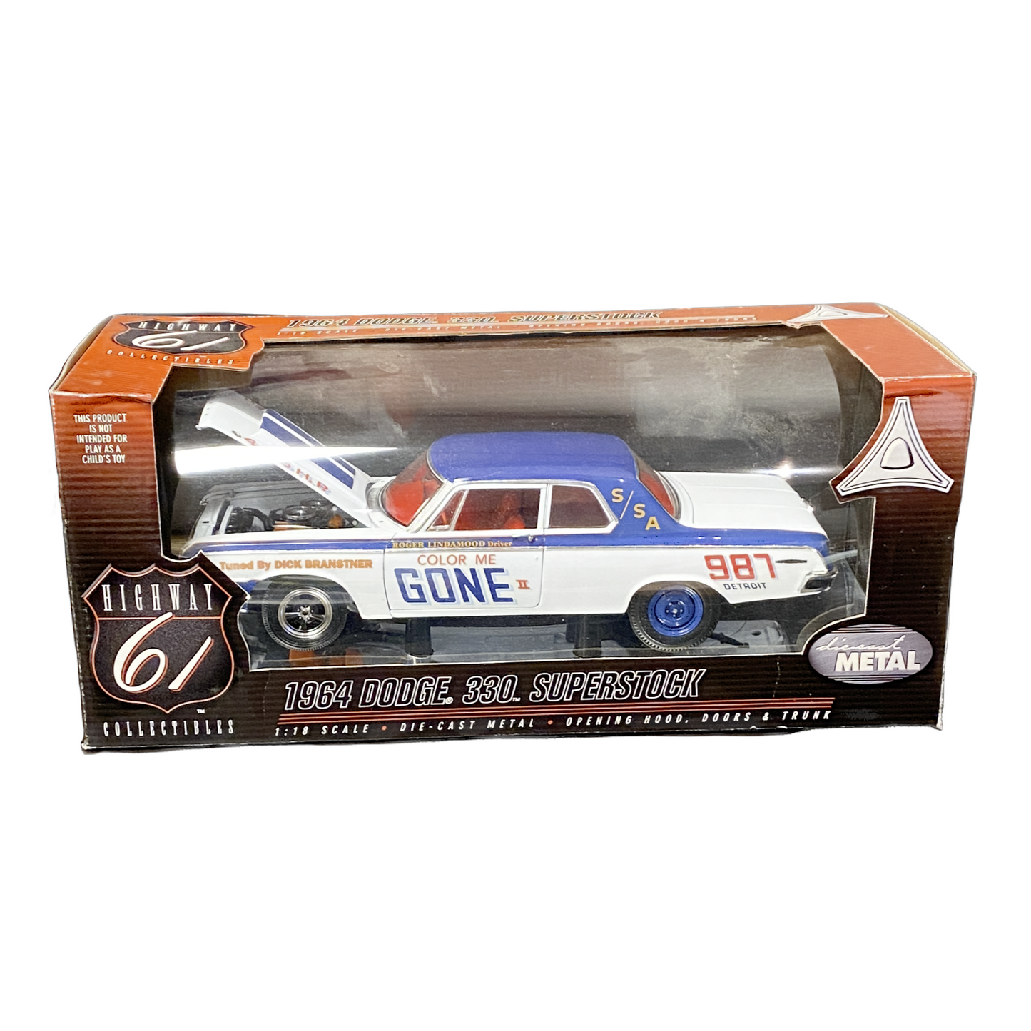 1/18 Scale 1964 Dodge 330 Sedan	Roger Lindamood "Color Me Gone" White/Blue/race graphics - Highway 61