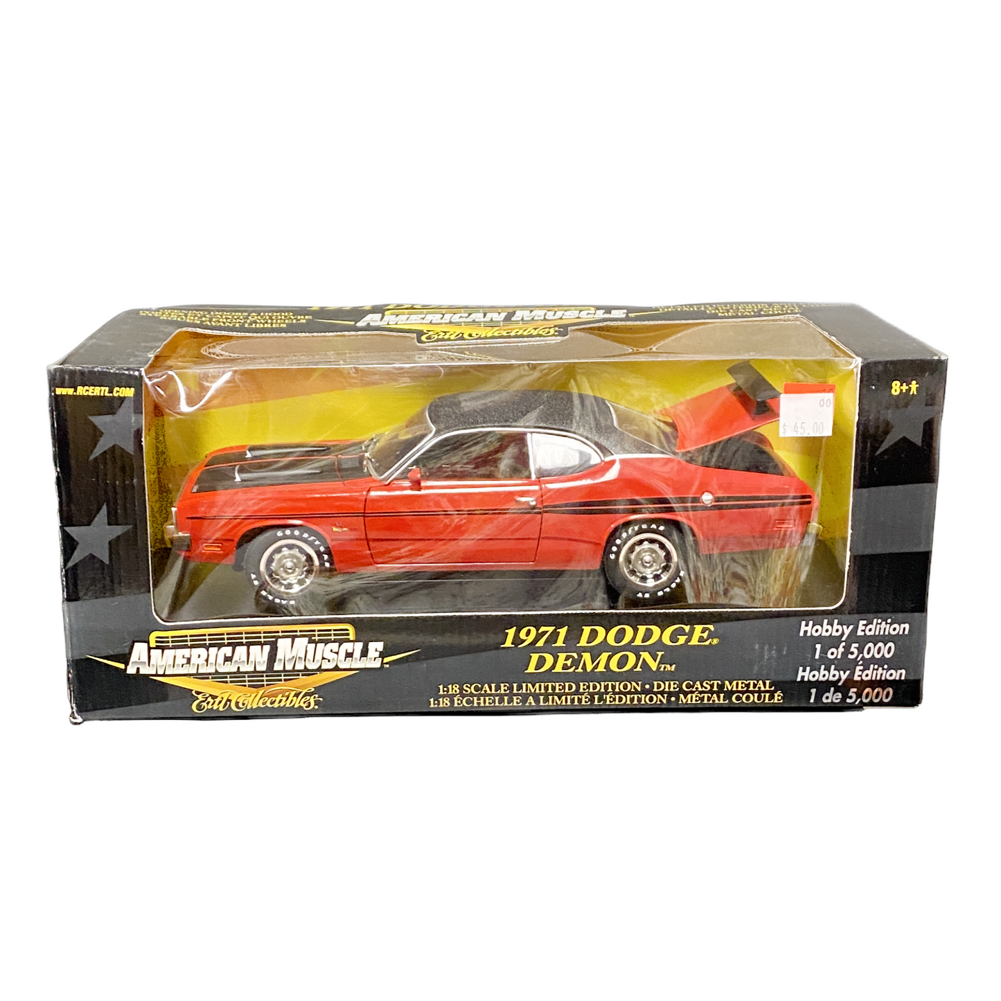 1/18 Scale 1971 Dodge Demon 340 V-8/Flat Black stripes/spoiler/Vinyl top Bright Red - Ertl Collectibles