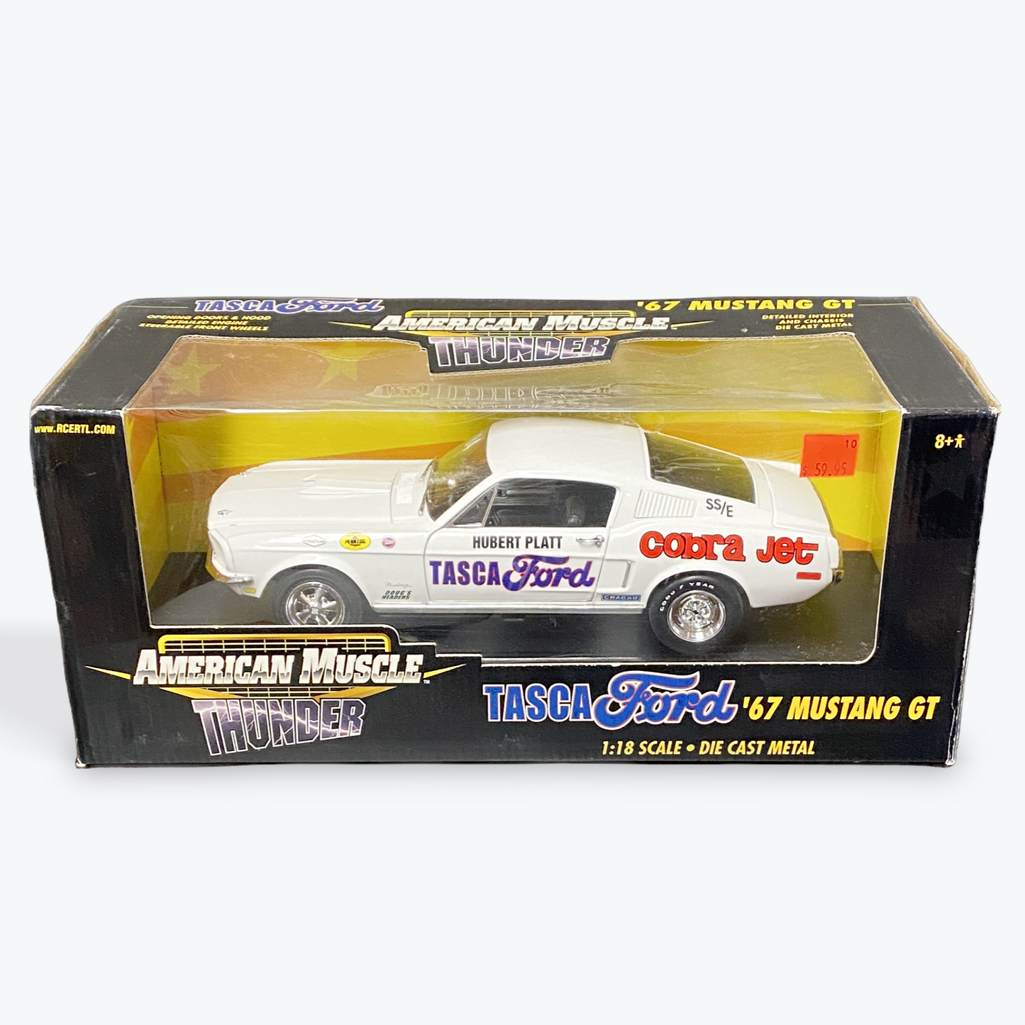 1/18 Scale 1967 Ford Mustang GT Cobra Jet Tasca Ford/Hubert Platt in White/Race Graphics - Ertl Collectibles